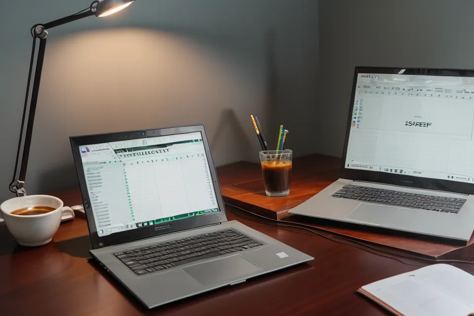 Bureau de travail tard le soir avec des feuilles de calcul immobilier et du café.