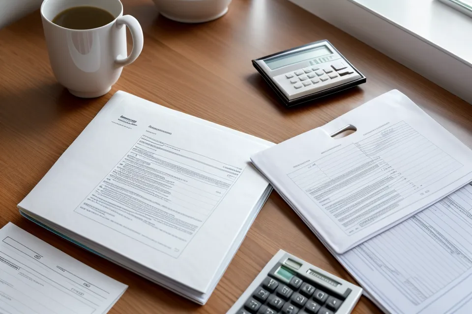 Dossier de bail de location et calculatrice sur une table en bois.