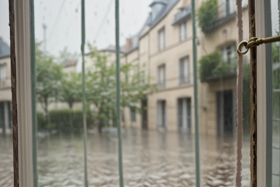 Vue d'une rue française sous la pluie depuis l'intérieur d'un appartement