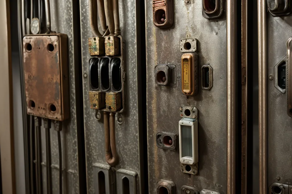 Détail d'un tableau électrique ancien lors d'une visite de bien immobilier