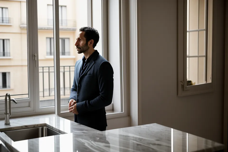 Main tenant un dossier de vente immobilière devant l'entrée d'une banque.