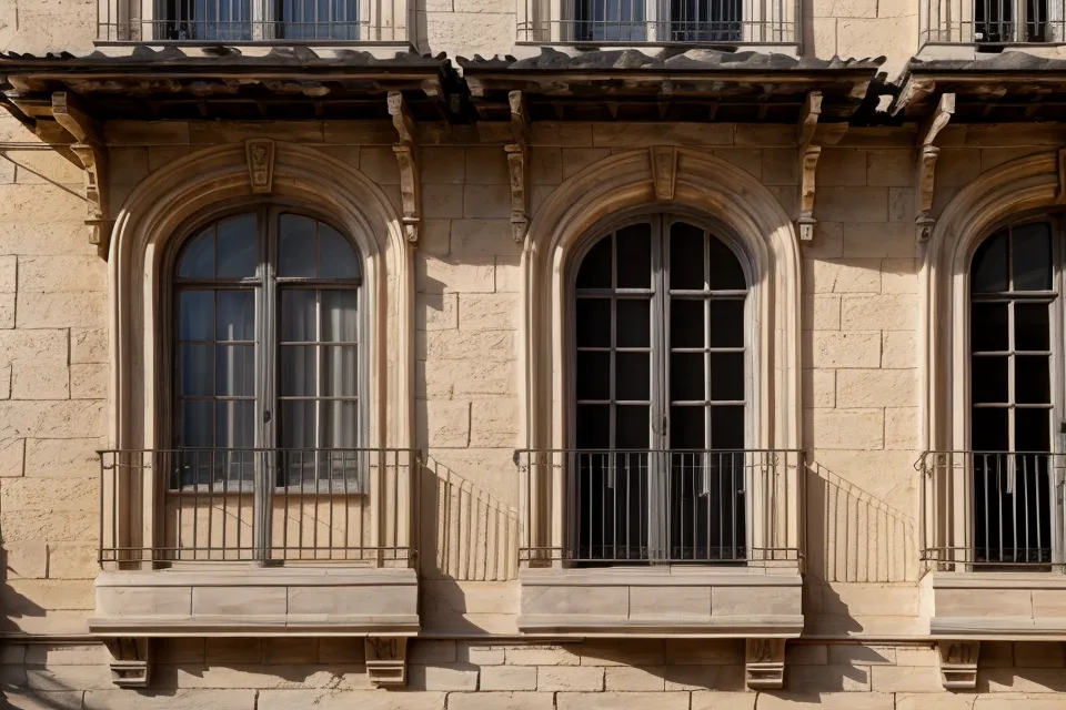 Façade d'un immeuble ancien en France avec un panneau de location à la fenêtre.