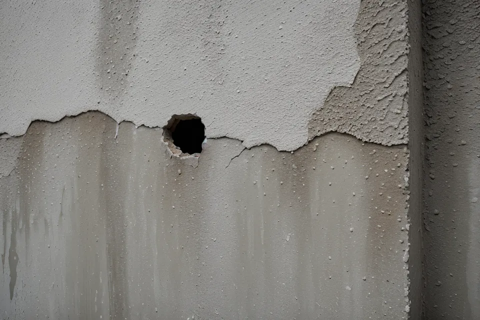 Gros plan sur une trace d'humidité camouflée par de la peinture fraîche sur un mur.