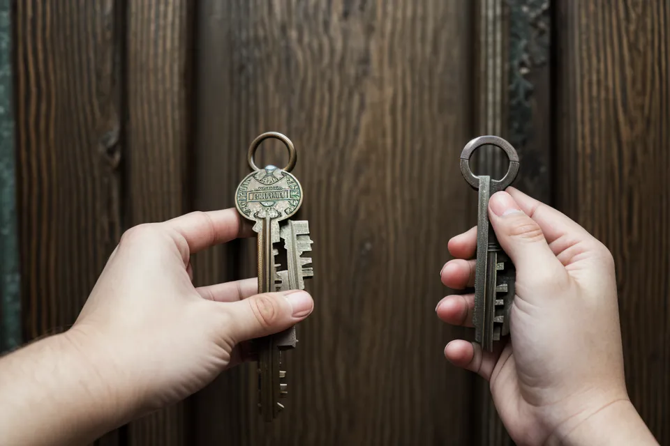 Gros plan d'une main tenant des clés devant la porte d'un appartement en visite.