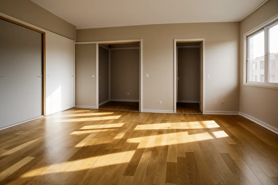 Intérieur d'un petit studio vide baigné de lumière naturelle avec vue sur un escalier.