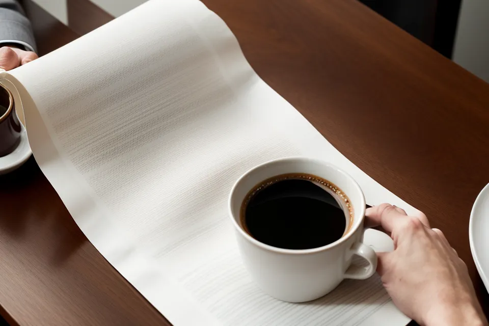 Mains examinant des documents juridiques sur un dossier de notaire avec un café.