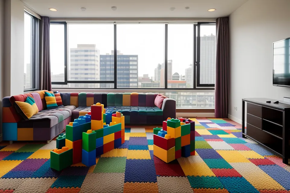 Jouets d'enfants au premier plan et recherche immobilière sur un ordinateur en arrière-plan.