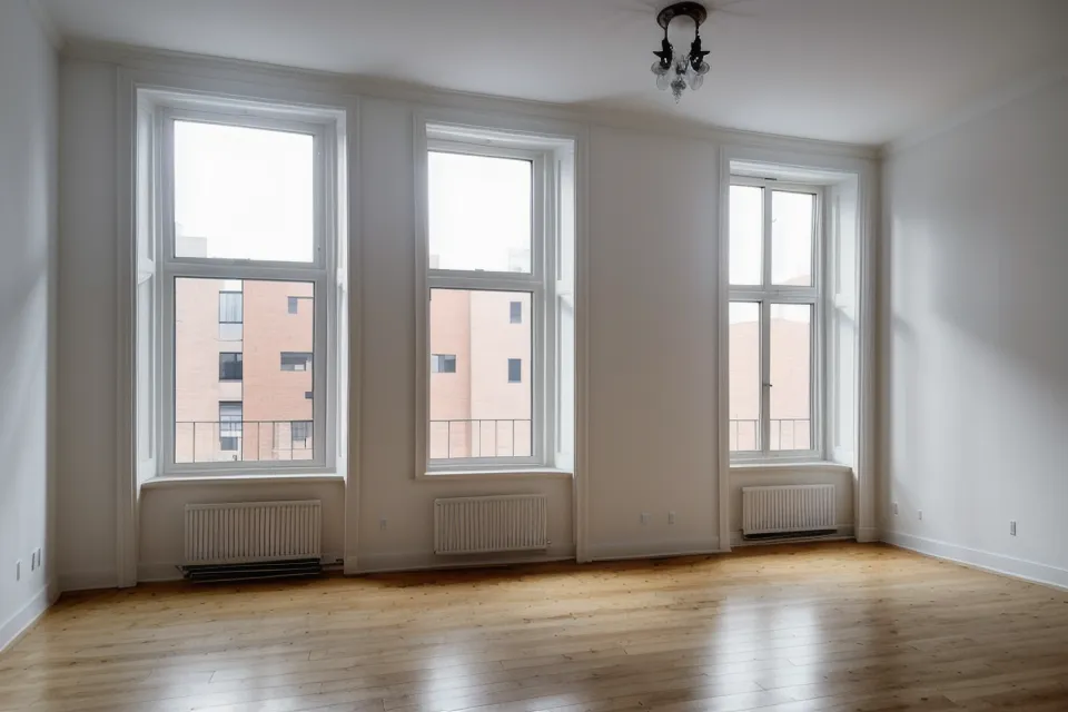 Vue depuis l'intérieur d'un appartement vide sur une rue calme.